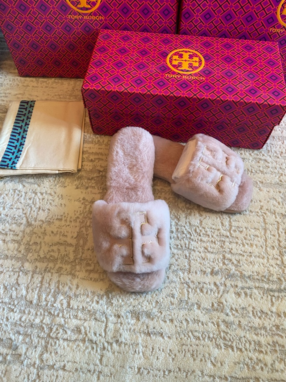 Tory Burch Blush Double T Shearling Slide Sandals/ Slipper